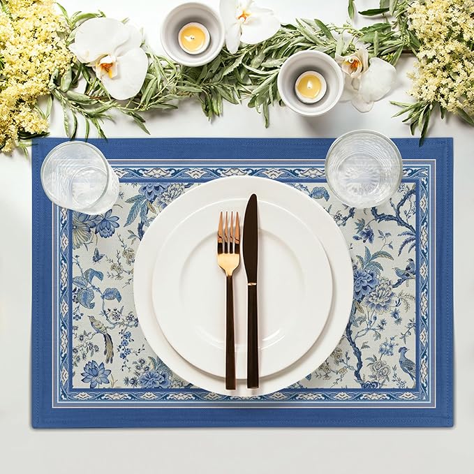 Giwawa 4PCs Chinoiserie Placemats Blue White Floral Birds Decorative Linen - Image 3