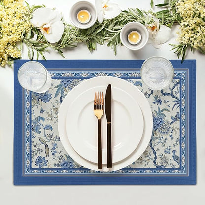 Giwawa 4PCs Chinoiserie Placemats Blue White Floral Birds Decorative Linen - Image 3