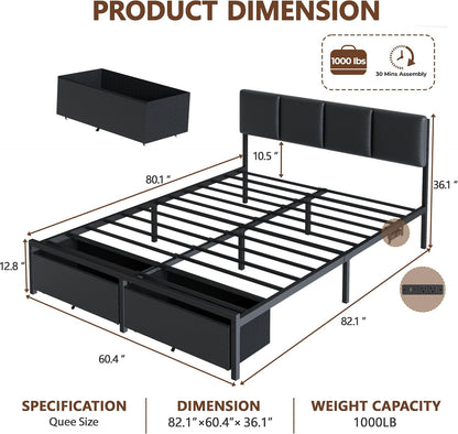 furnulem black queen bed frame with pu upholstered shown in use
