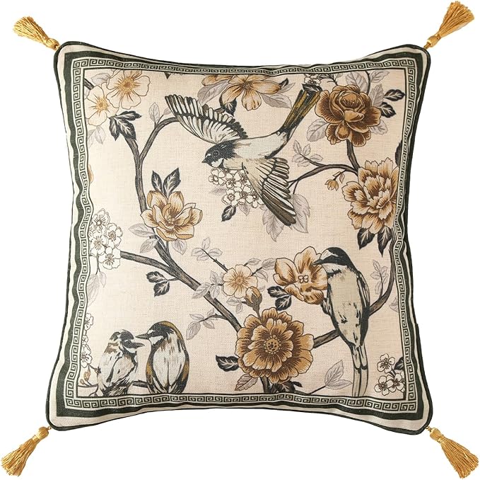 ISAENNE Design Linen Chinoiserie Square Throw Pillow Covers 18"x18", Farmhouse by Isaennehomedecoration