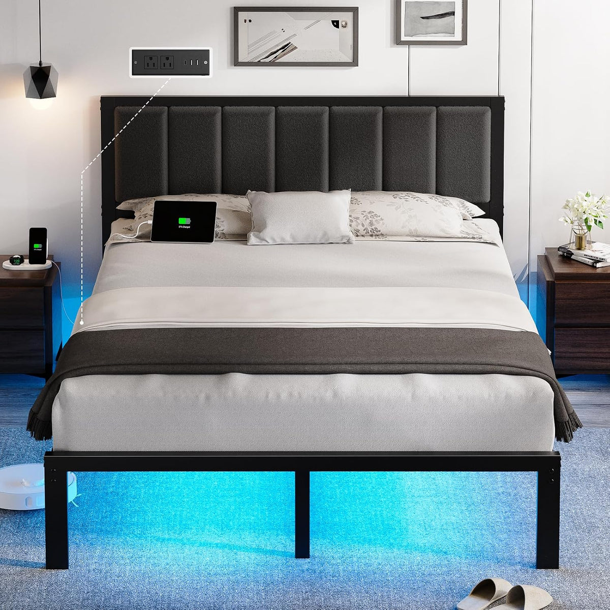 olevs queen bed frame with headboard, smart led, main product view
