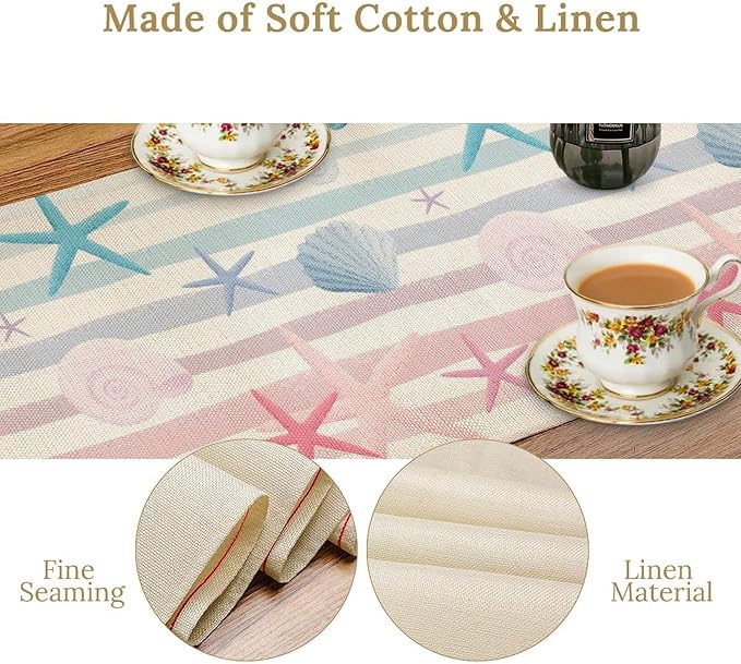 Coastal Starfish Kitchen Table Runner, Colorful Watercolor Blue and Pink Stripe - Image 5