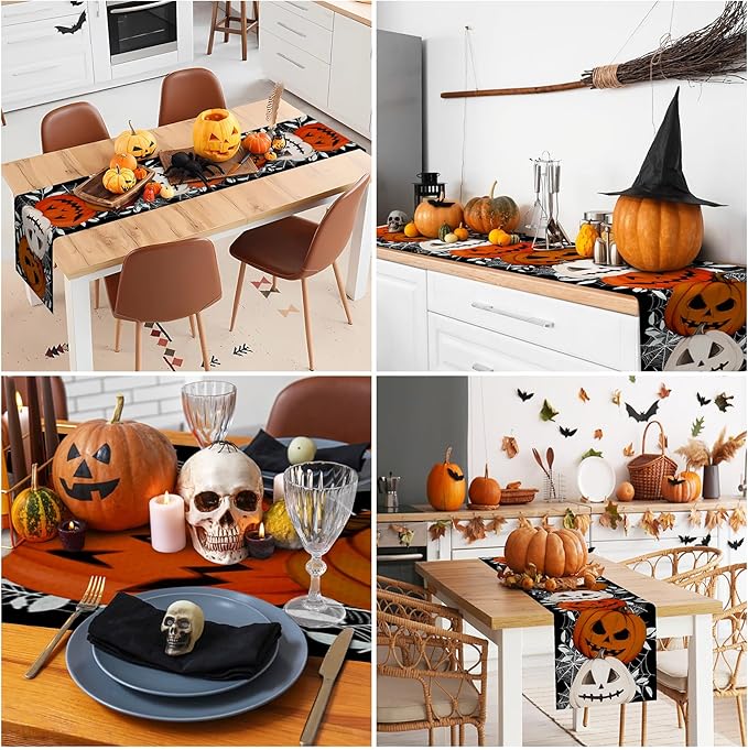 Happy Halloween Table Runner Pumpkin Black Spider Web Fall Kitchen Dining Table - Image 5