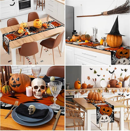 Happy Halloween Table Runner Pumpkin Black Spider Web Fall Kitchen Dining Table - Image 5