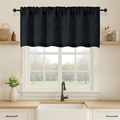 OVZME Black Valance for Windows, Light Filtering Faux Linen Textured Small by OVZME