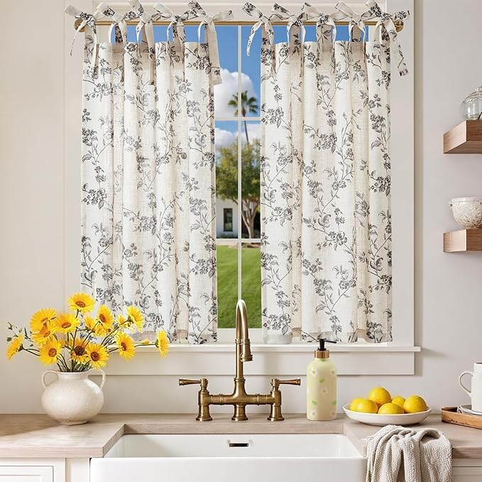 jinchan Floral Kitchen Curtains 36 Inch Linen Tier Curtains Farmhouse Cafe Half by JINCHAN