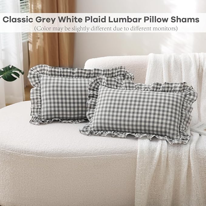 2 Pack Grey White Plaid Ruffle Gingham Lumbar Pillow Covers, 100% Washed Cotton - Image 2