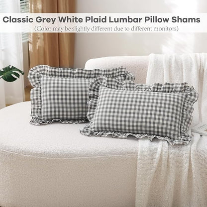 2 Pack Grey White Plaid Ruffle Gingham Lumbar Pillow Covers, 100% Washed Cotton - Image 2