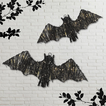 Glooglitter 2 Pcs Halloween Rattan Bats 3D Lit Woven Bat with Timer Remote
