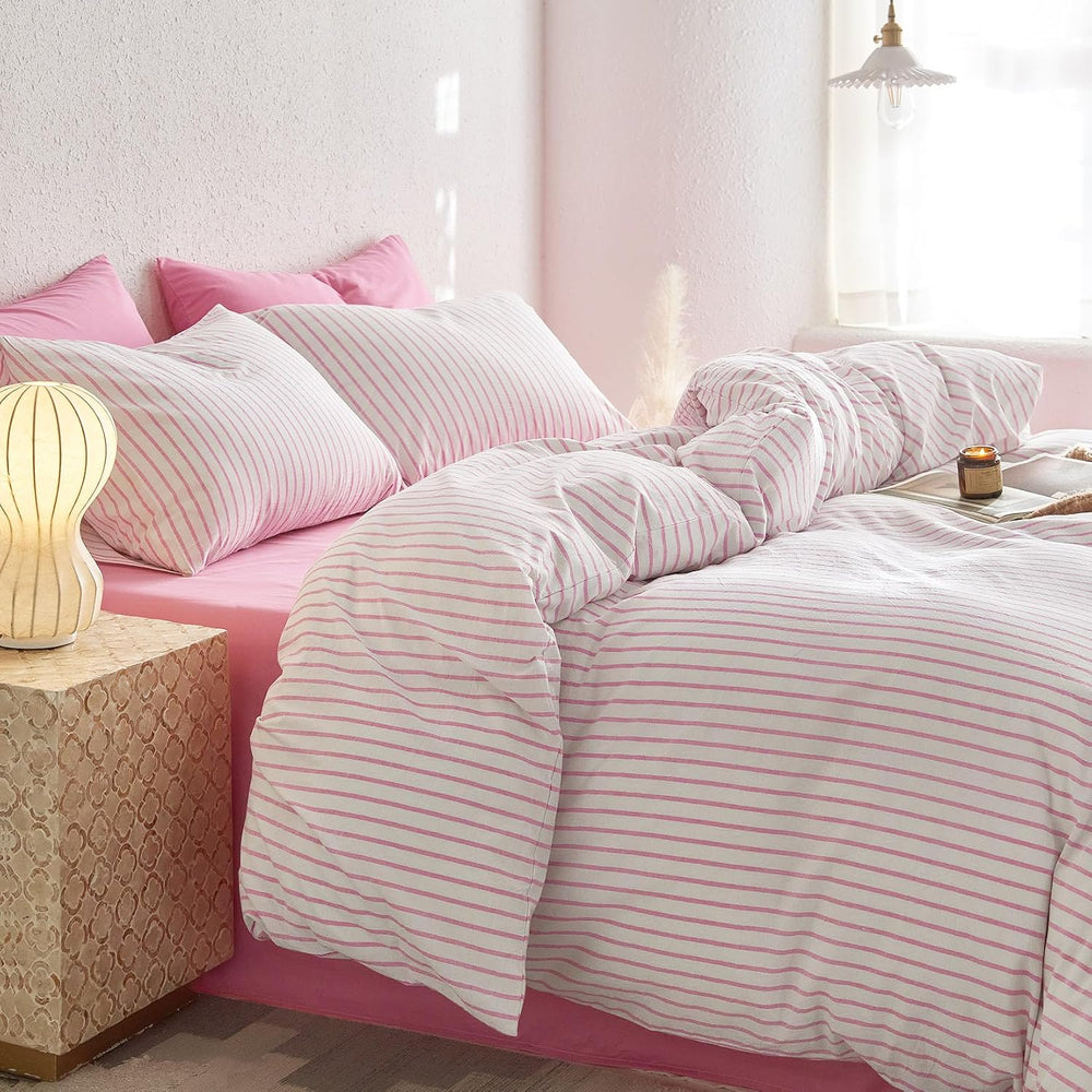 Wake In Cloud Striped Cotton Duvet Cover Set, Pink White, Full