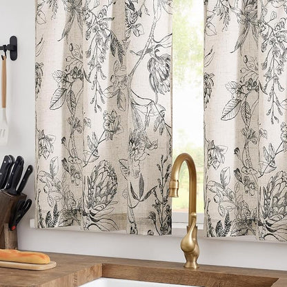 jinchan Floral Linen Kitchen Curtains Farmhouse Tier Curtains French Small - Image 2