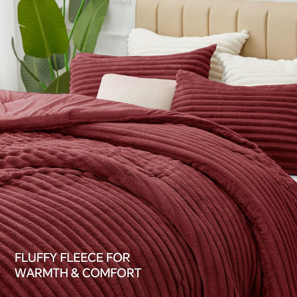 BEDELITE Fleece Queen Comforter Set, Fluffy Bed Set, Burgundy
