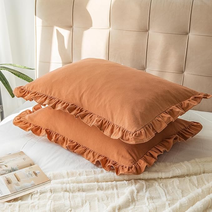 Pillow Shams Set of 2 Washed 100% Cotton Retro Ruffle Flounces Trim Solid Beige - Image 3