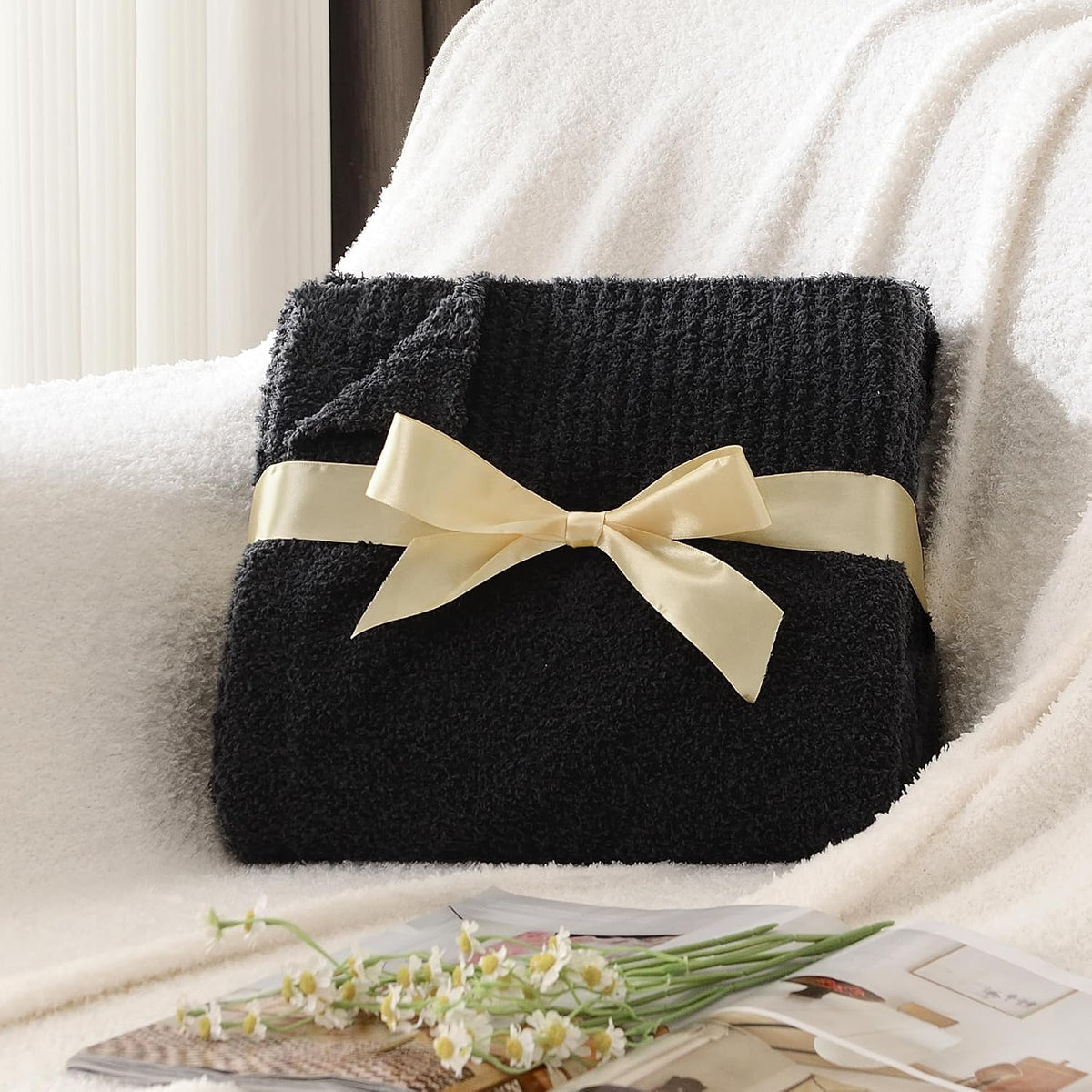 jooja knitted dark grey black throw twin size, side view