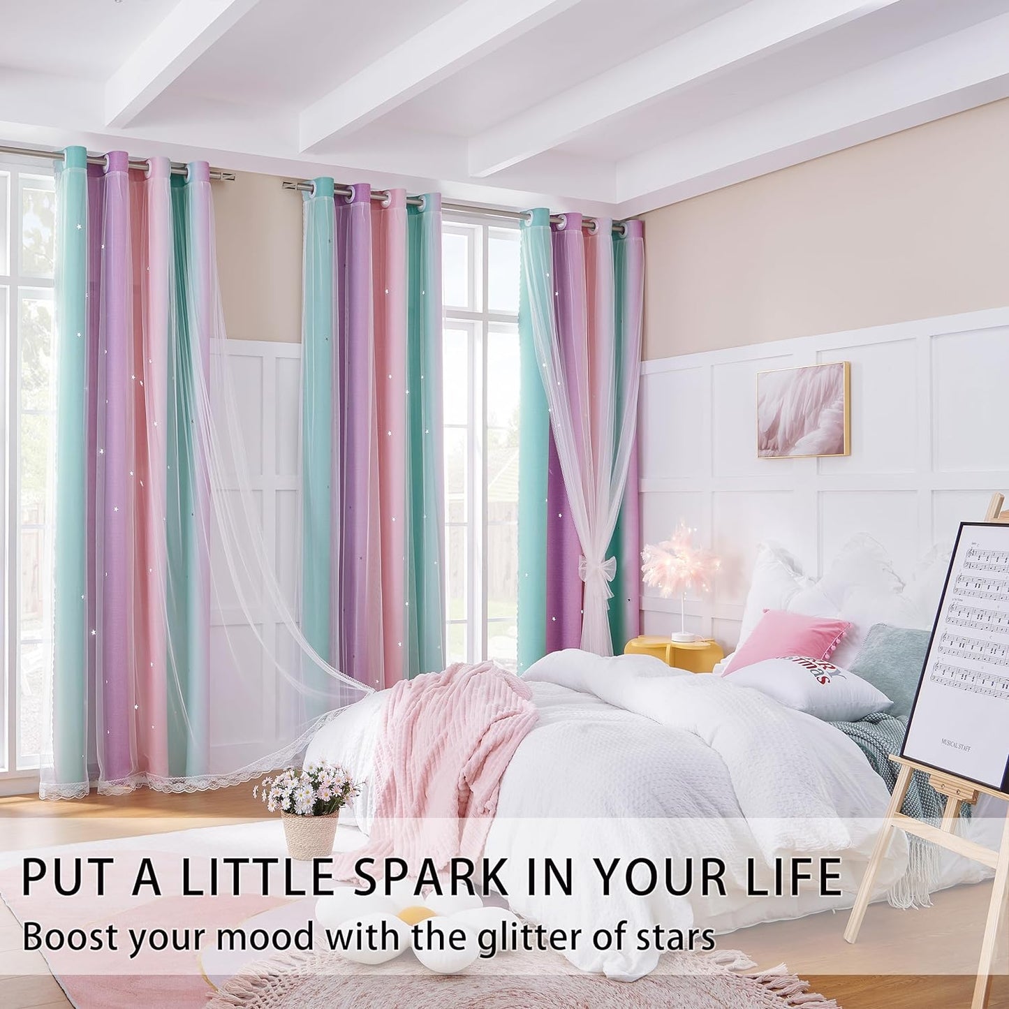 XiDi Curtains for Girls Bedroom Kids Room Unicorn Princess Theme Room Darkening 63 inches Long Wall Decals Pink Purple Green, W52 X L63