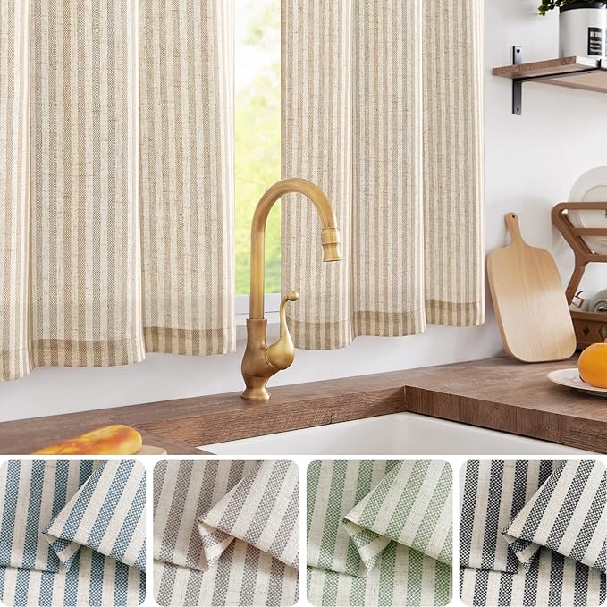 jinchan Striped Linen Kitchen Curtains 30 Inches Length Tier Curtains Farmhouse - Image 2