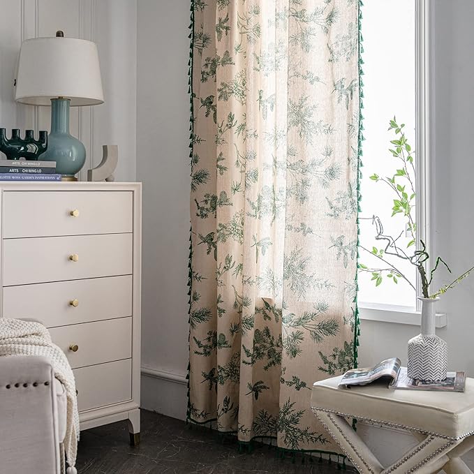 Bohemian Curtains with Tassel Green Semi-Blackout Drapes 63 Inch Length Cotton - Image 5