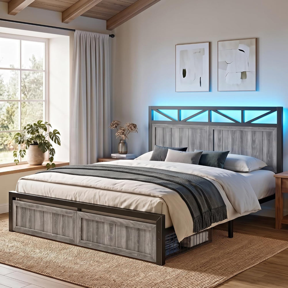 EnHomee Queen Farmhouse Bed Frame, 2 Storage Drawers, LED & USB, Light Grey