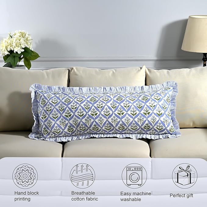Ridhi Light Steel Blue 100% Cotton Block Print Ruffle Lumbar Sham Cover - Image 5