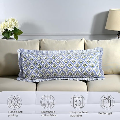 Ridhi Light Steel Blue 100% Cotton Block Print Ruffle Lumbar Sham Cover - Image 5