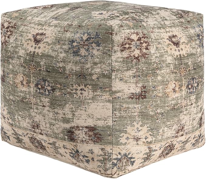 LR Home Grace Vintage Floral Sage Green Square Indoor Medium Pouf Ottoman | - Image 2