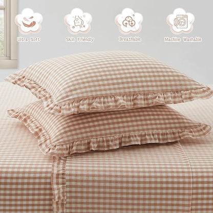 KKJIAF 2 Pcs Plaid Ruffle Pillow Case King Size, Cotton Gingham Ruffled Euro - Image 5