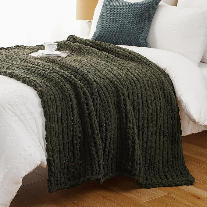 Battilo Olive Green Chunky Knit Throw Blanket, Soft and Thick Green Chenille - Image 9