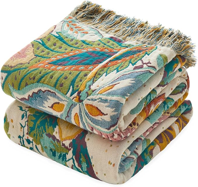 MSGKV Boho Throw Blanket for Bed Twin Size 100% Cotton Floral Blanket 60"x80" by MSGKVHomeTextiles