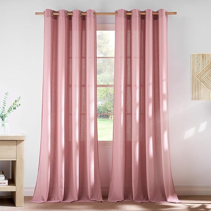 NICETOWN Linen Pink Curtains for Girls Room, Grommet Thick Flax Semi Sheer by NICETOWN