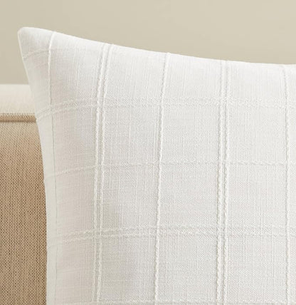 ZeeMart Linen Checked Throw Pillow Covers Set of 2, 22x22 Inch White/Natural - Image 2