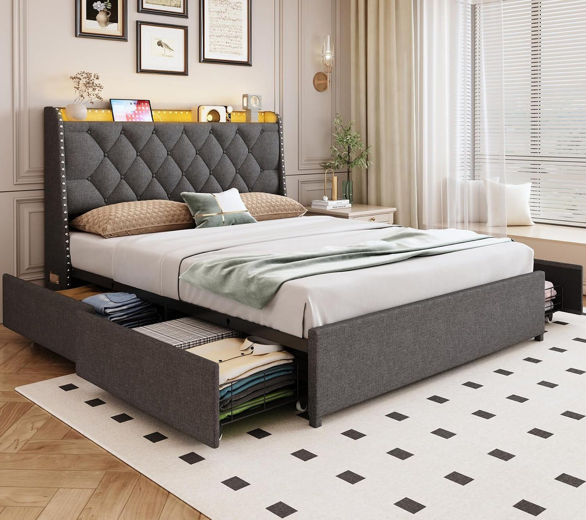 tigubfre queen size bed frame with 4 drawers, main product view