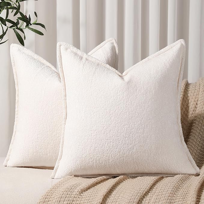 Pack of 2 Cream White Decorative Throw Pillow Covers 18x18 Cozy Soft Chenille by DEZENE