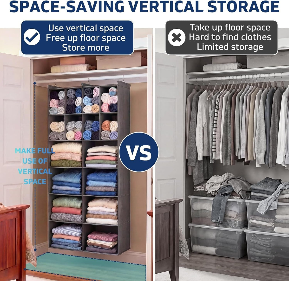6 tier hanging closet organizer, 16 compartments dual showing dimensions
