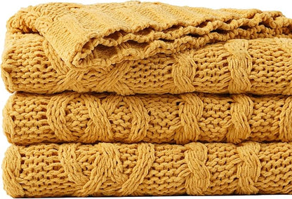 Battilo Mustard Yellow Throw Blanket 51"x67" Chenille Knitted Throw Blanket by BATTILOHOME