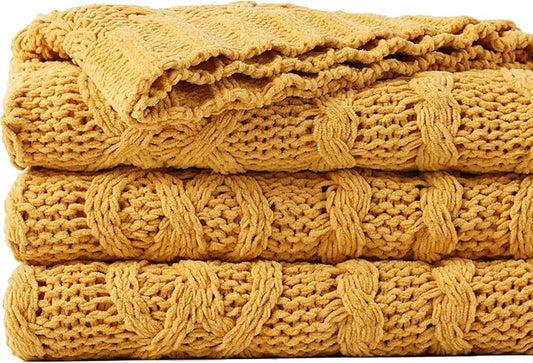 Battilo Mustard Yellow Throw Blanket 51"x67" Chenille Knitted Throw Blanket by BATTILOHOME