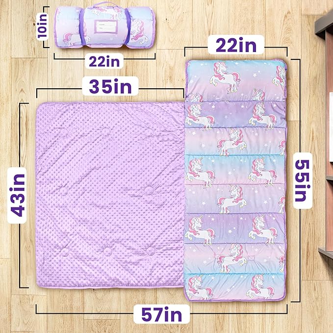 Toddler Nap Mat with Pillow and Minky Blanket, Large 55"x35" Sleeping Bag - Image 2