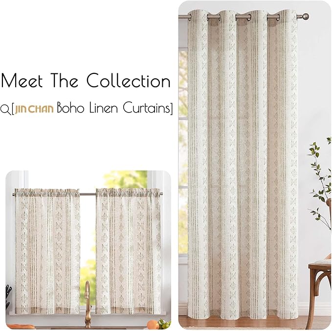 jinchan Boho Kitchen Curtains Linen Tier Curtains 36 Inches Bohemian Cafe Small - Image 8