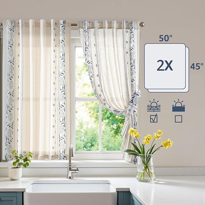 jinchan Winslow Linen Curtains 45 Inch Length Small Window Curtains Embroidered - Image 8