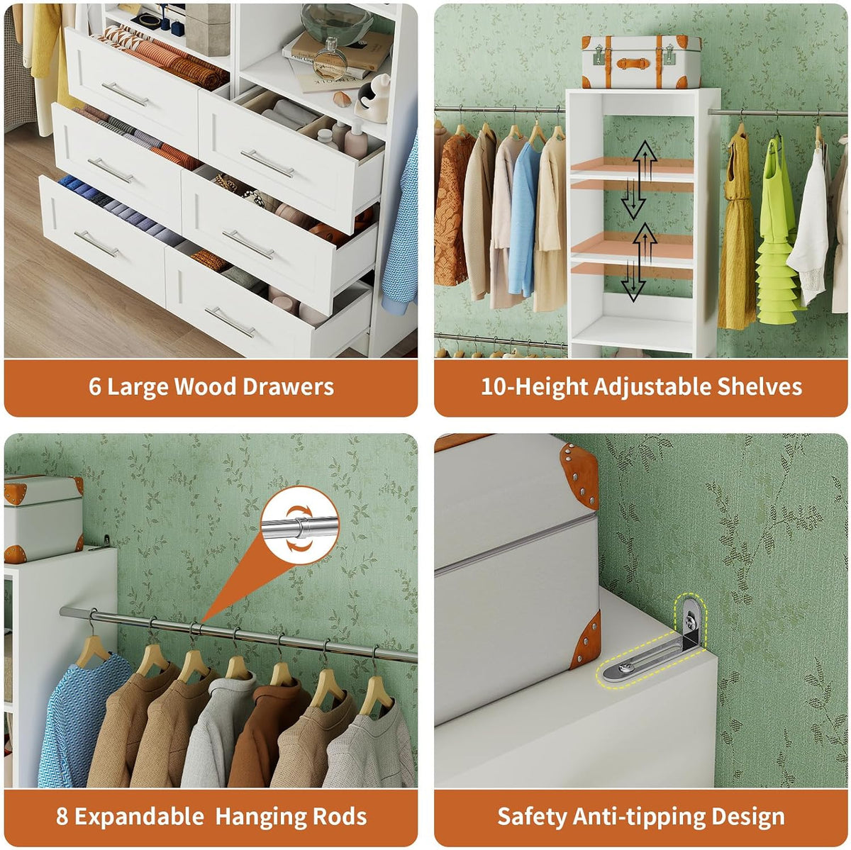 closet system with 6 drawers, 5-14ft custom closet, package contents