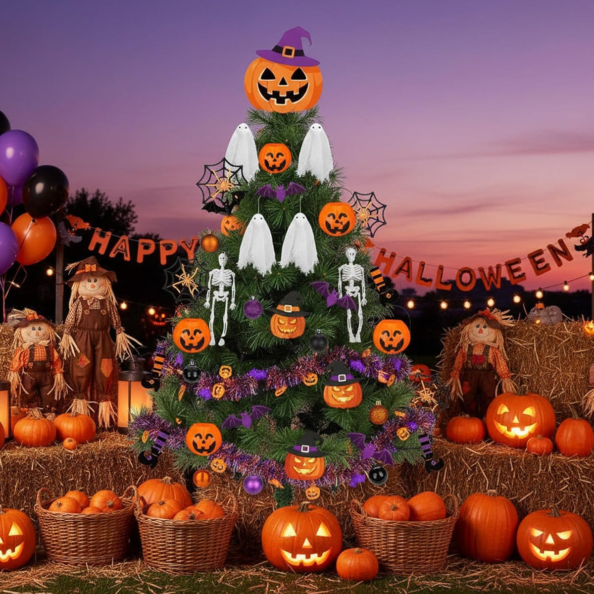 44 Pcs Halloween Tree Ornaments Decorations Witch Hat Pumpkin Tree Topper Pumpkin Bucket Skeleton Skull Ghost Spider Bat Witch Leg Hanging Ornaments Tinsel Garland for Halloween Party Decor