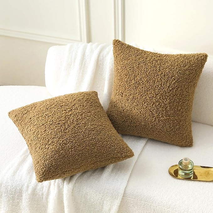 FUTEI Khaki Throw Pillow Covers 24x24 Inch Set of 2, Furry Faux Fur Teddy - Image 5