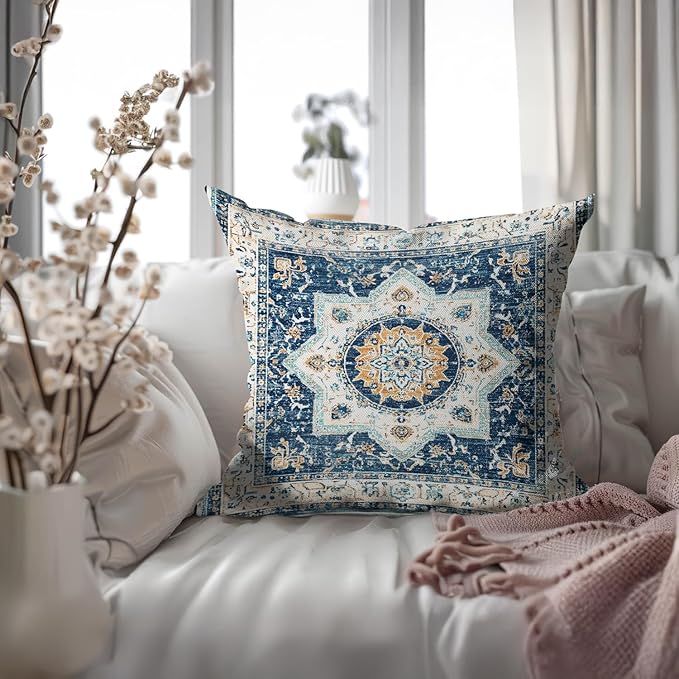 Bohemian Pillow Covers | Vintage Floral & Carpet Design | Double Sided Blue - Image 6