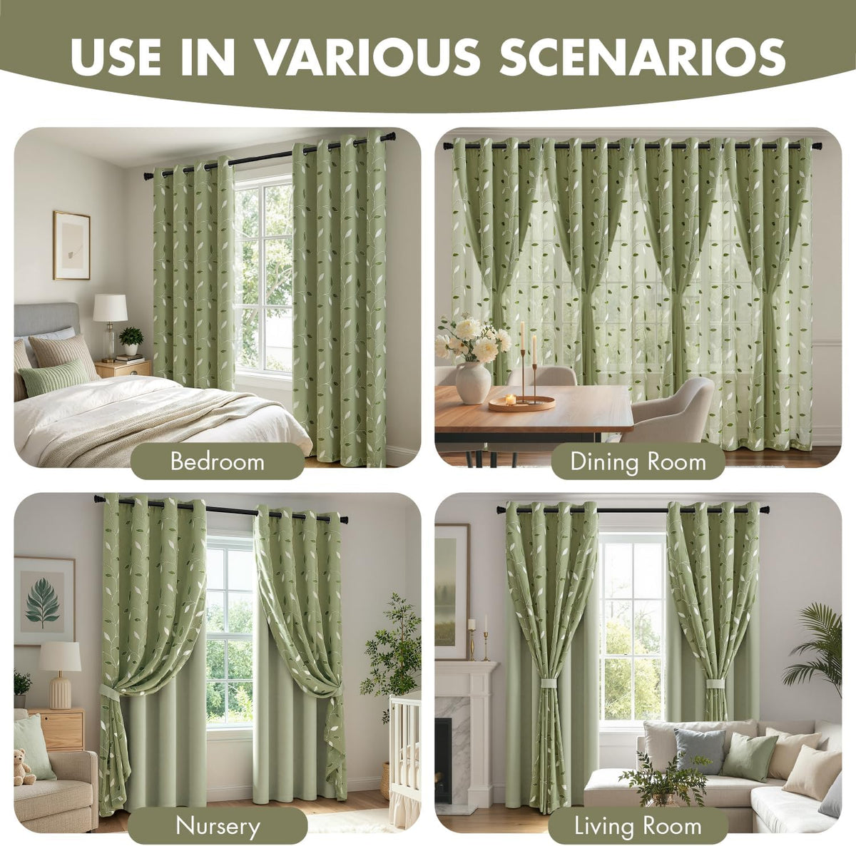 miulee sage green double layer patterned blackout curtains, front angle view