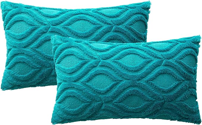 MIULEE Teal Throw Pillow Covers 12x20 Inch, Soft Winter Plush Faux Wool Couch - Image 6