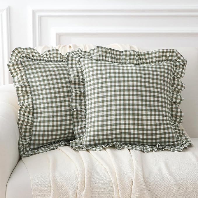 2 Pack Sage Green Plaid Ruffle Gingham Throw Pillow Covers, 100% Washed Cotton by KMASANIJI