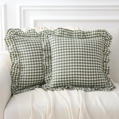 2 Pack Sage Green Plaid Ruffle Gingham Throw Pillow Covers, 100% Washed Cotton by KMASANIJI
