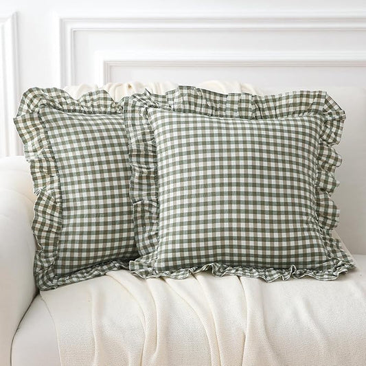 2 Pack Sage Green Plaid Ruffle Gingham Throw Pillow Covers, 100% Washed Cotton by KMASANIJI