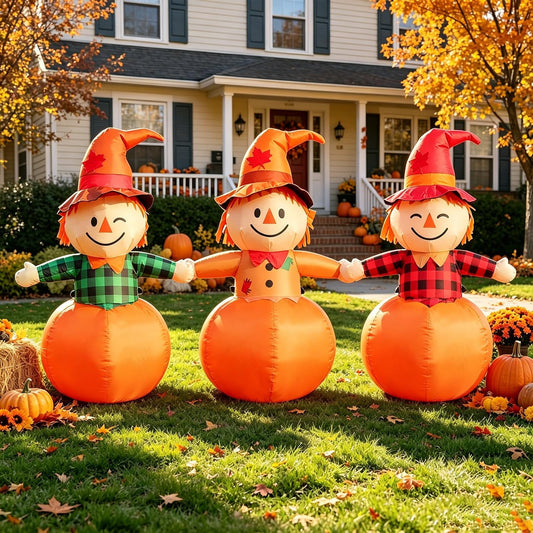 DomKom 6ft Fall Outdoor Inflatable Scarecrow Decoration, Halloween Thanksgiving Yard Decoration with Built-in Lights Blow Up Decor for Lawn, Garden, Party