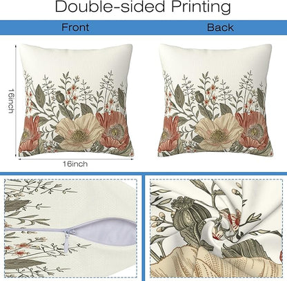 Vintage Poppy Flowers Throw Pillow Covers Set of 2 Blooming Flowers Pillow - Image 2