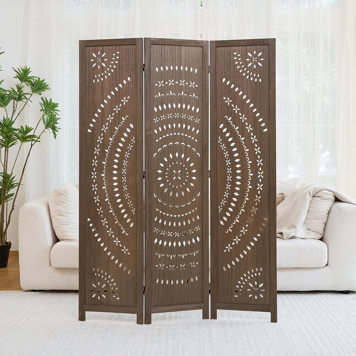 66.9inch folding room divider, 3 panels wood carved, front angle view